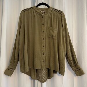 Free People Crochet Lace Button Front Blouse Olive Green Oversized Women’s XS